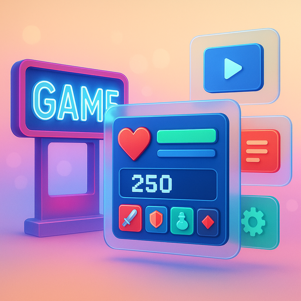 ArcadeFoundry hero collage: HUD, neon arcade, modular tiles